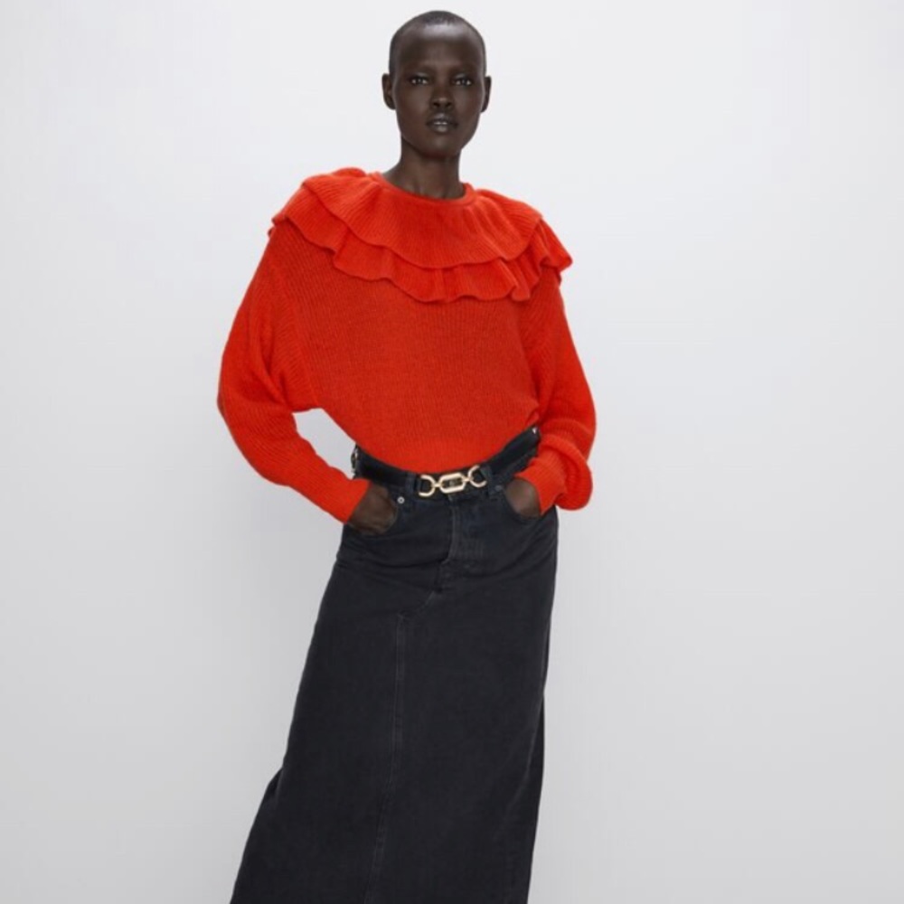 Zara Ruffled Red Cropped Sweater